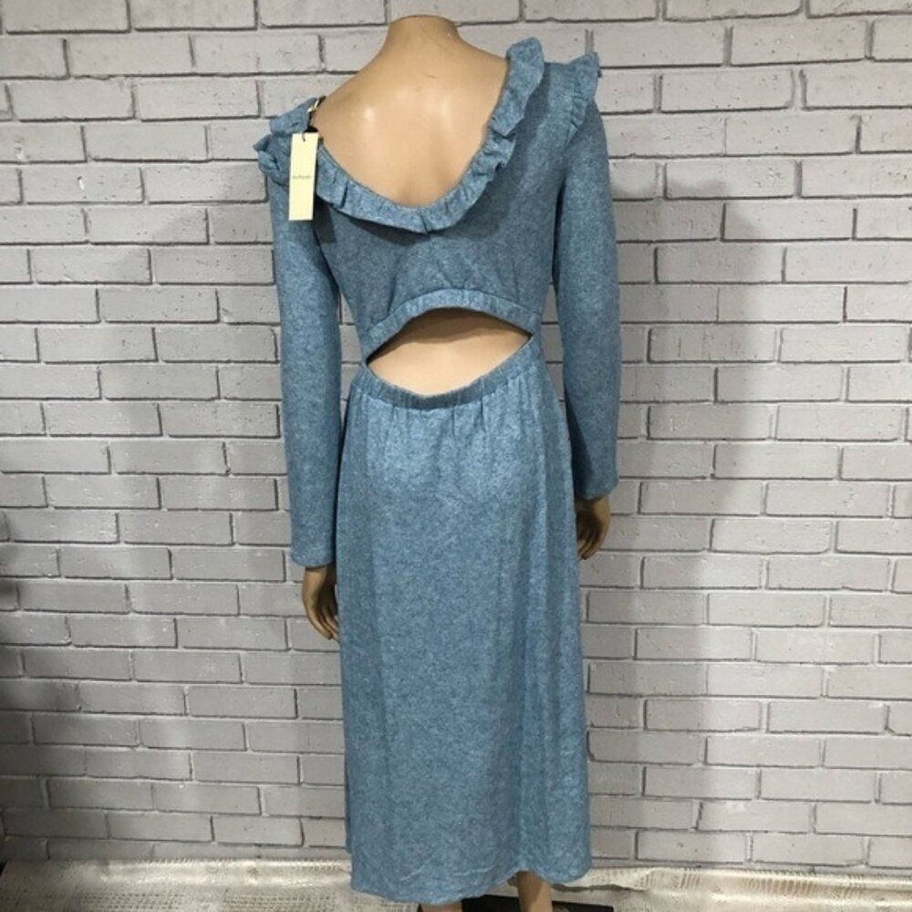 Du Paradis Blue Metallic Knit Ruffle Shoulder Back Cutout Maxi Dress Glam NWT L - Picture 13 of 14